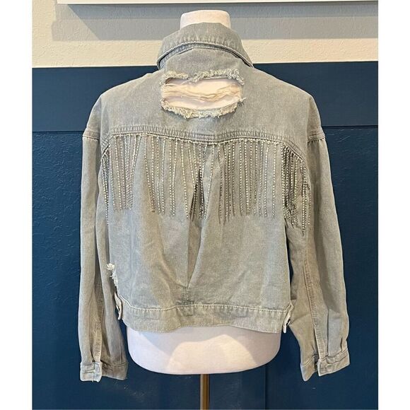 Joiemont Womens Denim Jacket with Fringe Rhinestones Long Sleeve - Picture 5 of 7